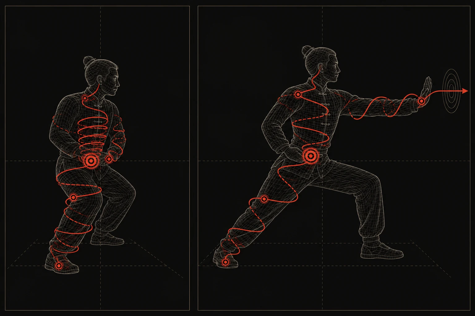 Dois quadros do mesmo praticante. À esquerda, o corpo agachado e comprimido, com a espiral enrolada e apertada acumulando no dantian. À direita, o corpo estendido e a espiral desenrolando ao longo da cadeia, saindo pela mão e atravessando o ponto de contato.